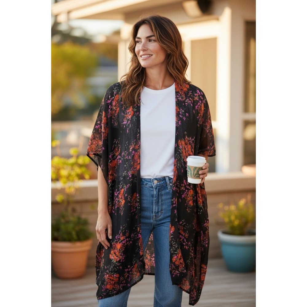 Angie Kimono Black Floral Print. One Size Boho Boardwalk‎ Lounging.